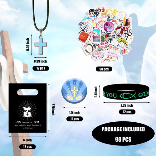 BANBALLON 98 PCS Bible Verse Party Favors, Jesus Party Favors Cross Necklace Goodie Bags with Stickers, Rubber Bracelets, Button Pins and Bags for Christian Gathering Party Supplies Decorations