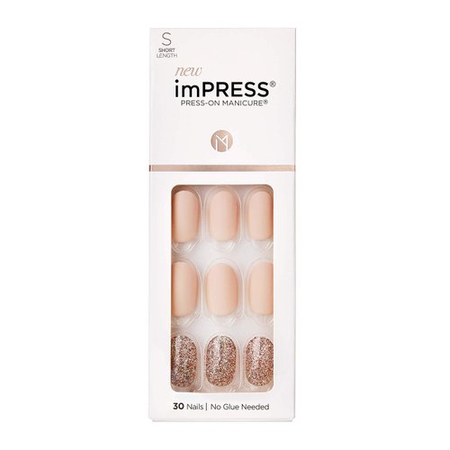 KISS imPRESS No Glue Mani Press On Nails, Design, 'Evanesce', Beige, Short Size, Oval Shape, Includes 30 Nails, Prep Pad, Instructions Sheet, 1 Manicure Stick, 1 Mini File