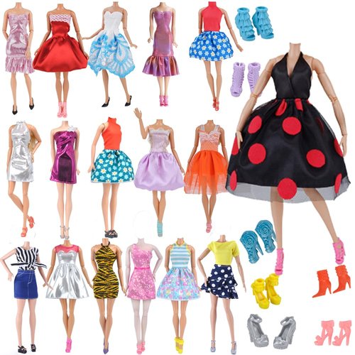 E-TING Lot 15pcs = 5 Sets Fashion Handmade Short Skirt Mini Dress with 10 Pairs Shoes for 11.5-inch Girl Doll Random Style