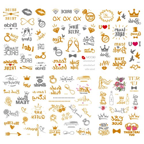 6 Sheets Metallic Gold Temporary Tattoos for Bride and Bridesmaids – 5.5 x 8.2 Inch Gold Foil Tattoo Stickers for Bachelorette Party, Bridal Shower, Wedding Celebrations, and Team Bride Events