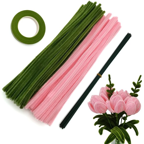 Cldamecy 200 pcs Pink OliveGreen Pipe Cleaners Set with Floral Wires & Gardening Tape, Chenille Stems Pipecleaners for Tulip Bouquet Making,Kids DIY Craft Projects and Decorations