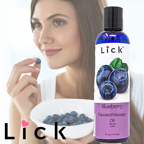Lick Blueberry Flavored Edible Massage Oil – Infused with Vitamin E, Sweet Almond and Coconut Oil – Skin and Body Safe, Non-Sticky, Vegan – Portable Travel-Ready Bottle, 4 oz