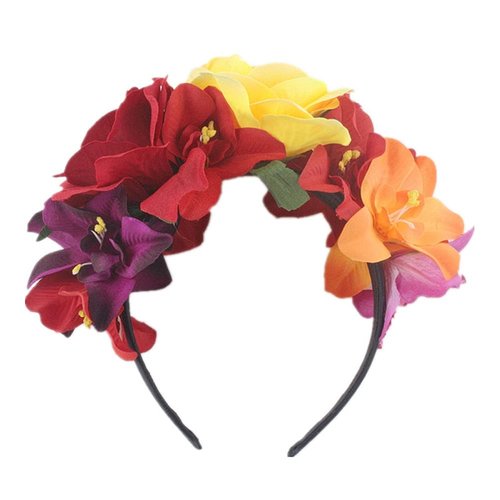 QUUPY Mexican Flower Crown Headband Halloween Hairband Rose Flower Crown Headpiece Floral Hair Accessories for Cosplay Carnival Party Beach Vacaton Stage Performances