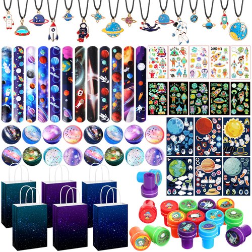 Resholder 16 Sets 120 Pcs Space Party Favors Bouncy Balls Necklaces Stamps Starry Paper Bags Space Party Supplies Galaxy Themed Treat Gift Stuffers Birthday Classroom Rewards