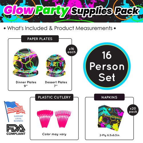 Glow Party Party Supplies Packs (100 Pieces for 16 Guests), Glow Party Supplies, Neon Party Supplies, Neon Birthday Party Supplies, Blacklight Party Supplies, Neon Plates, Neon Party Plates