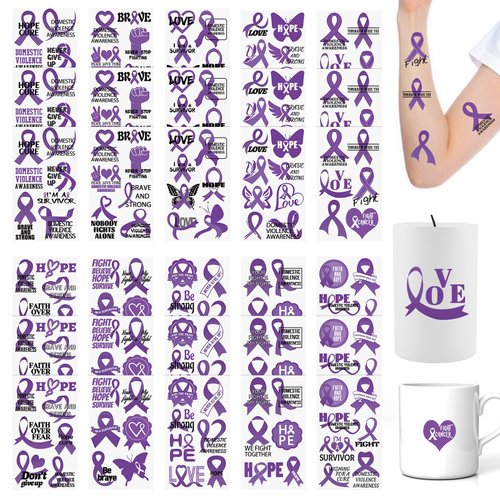 WANDIC 30 Sheets Domestic Violence Awareness Temporary Tattoos, Purple Ribbon Awareness Tattoo Sticker Cancer Survivor Decals for Charity Decoration