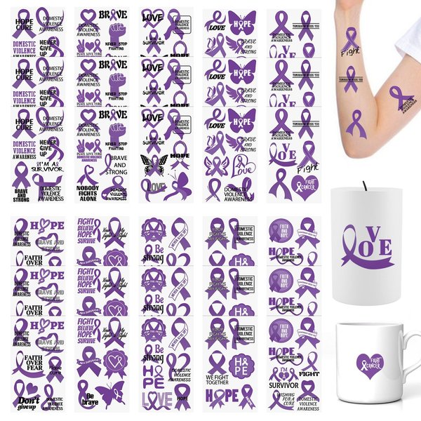 WANDIC 30 Sheets Domestic Violence Awareness Temporary Tattoos, Purple Ribbon Awareness Tattoo Sticker Cancer Survivor Decals for Charity Decoration
