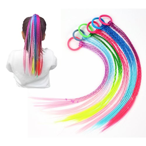 12PCS Girls Rubber Bands Hair Extensions for Kids, Rainbow Color Braided Ponytail Extension, Colorful Hair with Rubber Bands, Crazy Hair Day Accessories Colorful Wigs for Women Girls
