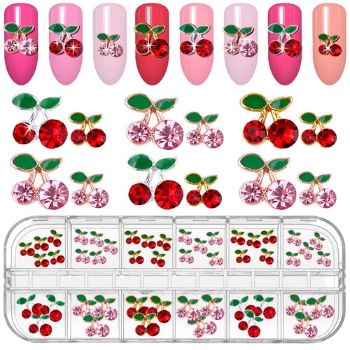 48Pcs Cherry Nail Rhinestones, Kalolary 3D Valentine's Charm Red Pink Fruit Diamond Crystal Nail Studs Alloy Nail Gems for Women Nail Art Decoration