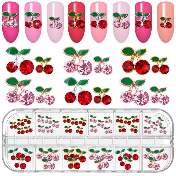 48Pcs Cherry Nail Rhinestones, Kalolary 3D Valentine's Charm Red Pink Fruit Diamond Crystal Nail Studs Alloy Nail Gems for Women Nail Art Decoration
