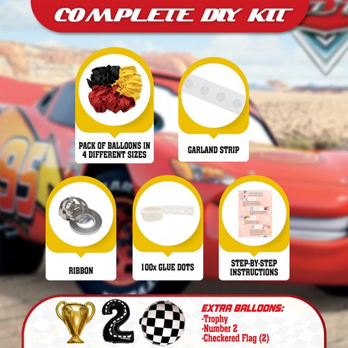 ALL-IN-1 Cars Balloon Garland Kit & Arch with BONUS Trophy & Number 2 - Race Car Balloons for Lightning McQueen Race Car Birthday Party Supplies & Boy Cars Theme Birthday Party Decorations