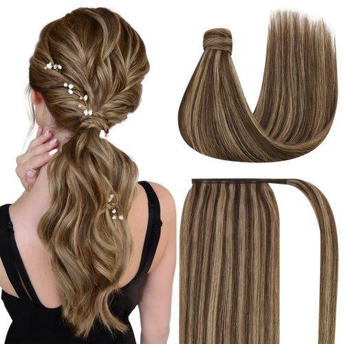 Ve Sunny Ponytail Hair Extensions Dark Brown Real Hair Ponytail Extension Highlights Pony Tails Hair Extensions Brown Human Hair Ponytail Dark Brown Highlighted Caramel Blonde 18inch 80G