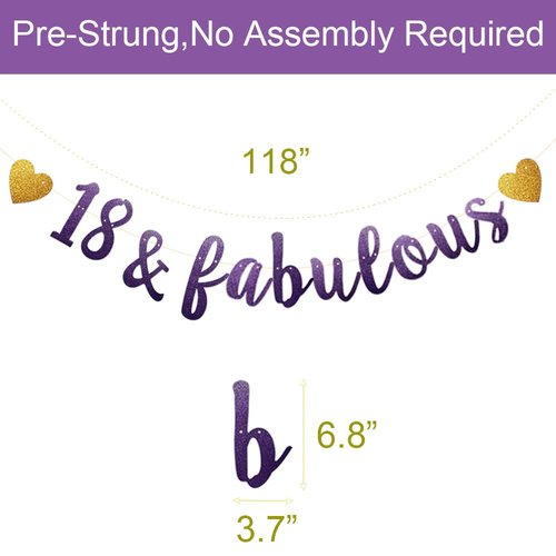 18 & Fabulous Banner, Purple Glitter Paper Banner Sign Garlands,18th Birthday/Anniversary Party Decorations Supplies,Letters Purple,SUNbetterland