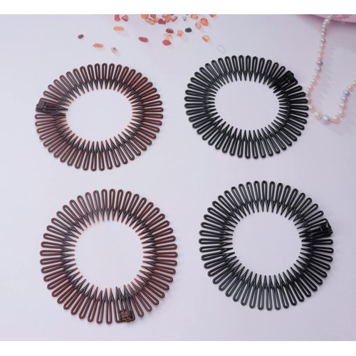 Sowaka 4 Pcs Circular Stretch Comb Plastic Black Brown Circle Spring Headband Flexible Hair Wrap Holder Hair Comb for Women Girls Outgoing Sports Hair Accessories (Round-black and brown)