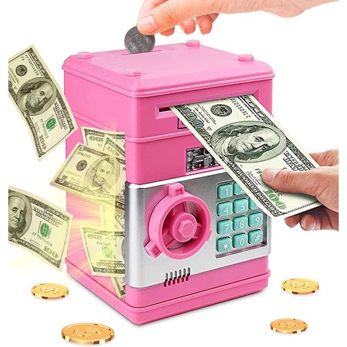 Piggy Bank, Electronic Money Bank, Safe Mini ATM Cash Coin Can, Auto Scroll Paper Money Saving Box, Great Birthday Gifts for Kids, Pink