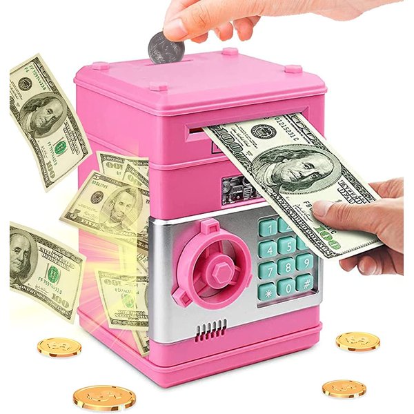Piggy Bank, Electronic Money Bank, Safe Mini ATM Cash Coin Can, Auto Scroll Paper Money Saving Box, Great Birthday Gifts for Kids, Pink