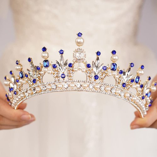 JWICOS Vintage Pearl Tiara Crown for Women Crystal Queen Tiara for Girls Crown Headband Headpieces for Party Pageant Birthday Wedding Prom Halloween Costume (Blue)