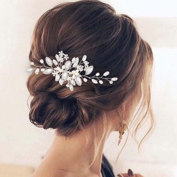 Olbye Women's Rhinestone Bridal Hair Comb - Silver Rhinestones & Alloy, Sparkling Crystal Flowers & Pearls, Decorative Hair Clips for Wedding, Prom, Bridesmaids, Special Occasions, Size 6.3 inches