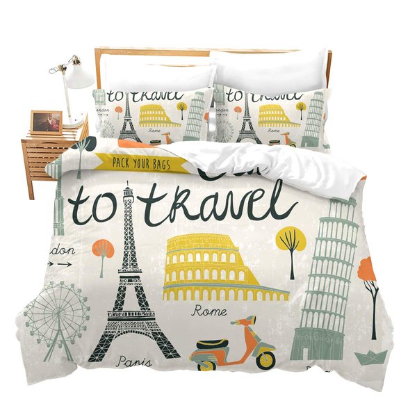 Feelyou 3 Pieces Full Bedding Set for Kids Teens Travel Theme Duvet Cover Decorative Modern Cartoon Eiffel Tower Print Comforter Cover World Famous City Building Landscape Quilt Cover Ultra Soft