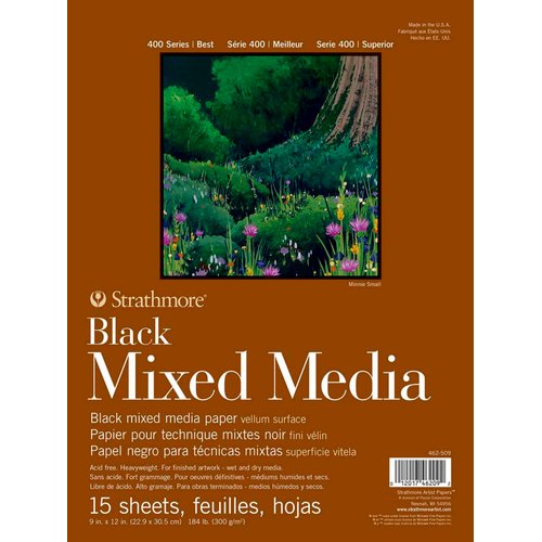 Strathmore 400 Series Mixed Media Paper, Black, Foldover Pad, 9x12 inches, 15 Sheets (184lb/300g) - Artist Paper for Adults and Students - Watercolor, Gouache, Graphite, Ink, Pencil, Marker