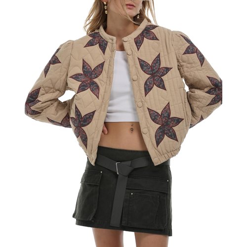 Gacaky Women's Lightweight Floral Embroidered Cropped Quilted Jacket Winter Warm Button Down Puffer Jacket Coat with Pockets Khaki S