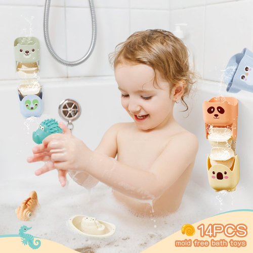 AMCHSURI Bath Toys for Kids Ages 1-3, 14 Pack Mold Free Toddler Bath Toys for 2-4 Bathtub Water Toys with Floating Boats&Bath Cups and No Hole Animal Floating Pool Toys for Babies 6-12 Months