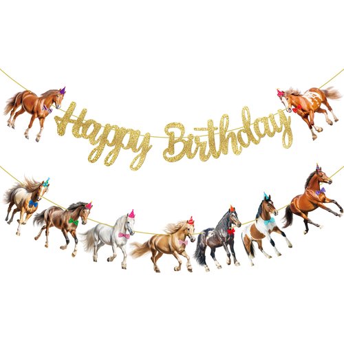 Horse Birthday Party Banners Horse Birthday Decorations 2Pcs Gold Glitter Horse Birthday Party Supplies Horse Themed Favor Banner for Racing Horse Party Baby Shower Supplies