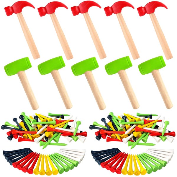 AIHSUMC 10 Pcs Kids Wooden Hammer Toy with 100 Pcs Colorful Wood Golf Tees, Small Plastic Hammer Simulation Hammers Educational Toys for Children Gift Birthday Party (Red and Green)