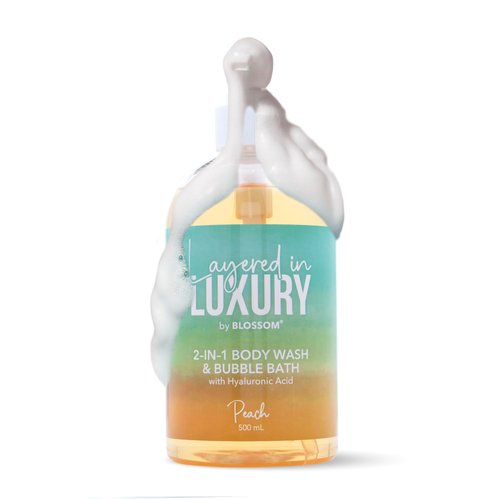 Blossom Layered In Luxury 2-in-1 Scented Body Wash & Bubble Bath with Hyaluronic Acid, Liquid Bath Gel Body Cleanser with Pump for Dry, Sensitive Skin, Men, Women + Kids, Cruelty Free, 500ml, Peach