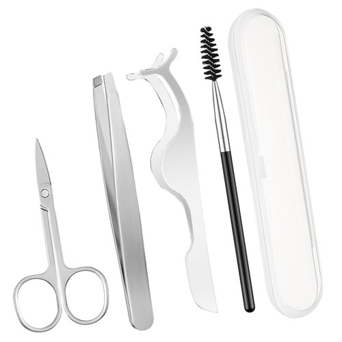Lasnten DIY Eyelash Applicator Tool Set, Lash Tweezers for Eyelash Extensions, Stainless Steel False Eyelash Scissors, Lash Cluster Tweezer, Eyebrow Curler, Lash Brush with Box(Silver)