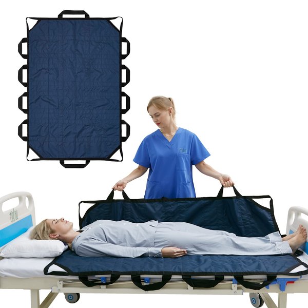 TINFAU 60" x 40" Positioning Bed Pad with Handles Washable Draw Sheets for Hospital Bed Ridden Patient Clothes Waterproof Glide Sheets for Patients Moving Pad for Lifting &Transfer Sheet Nylon, Blue