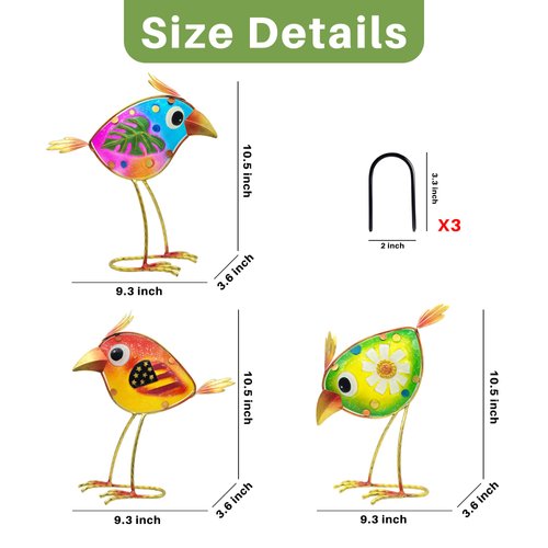 TUEVAK Birds Lawn Decorations for Outdoor: Metal & Glass Bird Garden Art, Craft Yard Statue Decoration Outside, Lawn Ornaments Gardening Gifts for Housewarming, Halloween, Birthday Gifts (3 PCS)