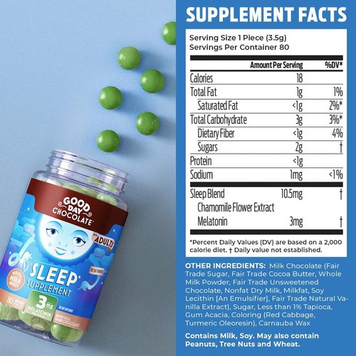 Good Day Chocolate Melatonin for Adults [ 80 Count ] - Fair Trade Non-GMO Milk Chocolate with Chamomile and Melatonin 3 mg - Adult Melatonin, Adult Natural Sleep Aid Supplement