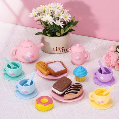 Silicone Tea Party Set for Little Girls,PRE-WORLD 25PCS Toys Toddler Tea Set with Play Food Dessert Cookies,Doughnut,Cake,Carrying Bag,Kids Kitchen Pretend Role Gifts for Girls Boys Age 3 4 5 6