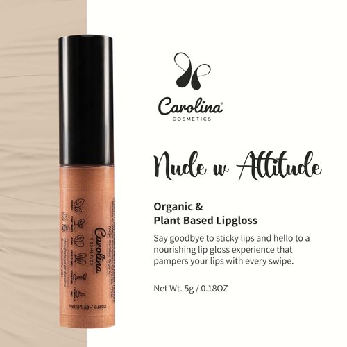 Carolina Cosmetics - Plant-Based Non-Sticky Lip Gloss (Nude with Attitude) - Hydrating & Nourishing - Sunflower Seed Oil, Cacao & Grape Seed Oil - Gluten-Free, Vegan, Non-GMO, Paraben-Free - 5g/0.18oz