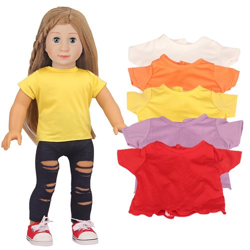 AugFrog 5 Pcs Doll T-Shirts for 18 Inch Dolls, Summer Outfit Doll Clothes Doll Accessories, Short Sleeved T-Shirts Classical Tee Fit for 18 Inch Doll (Mixed-Color)