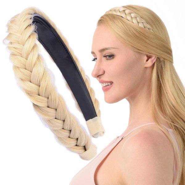 DIGUAN Headband Synthetic Hair Plaited Headband Braid Braided With Teeth Hair Band Accessories for Women Girl Width 1 Inch (Light Honey Blonde)