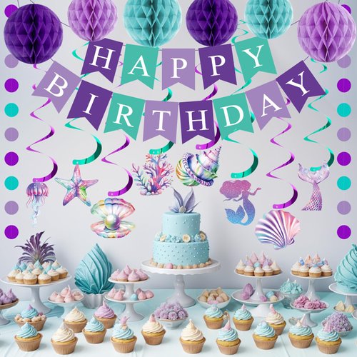 Little Mermaid Birthday Party Decorations for Girls Happy Birthday Banner Sign Mermaid Hanging Swirl Honeycomb Ball Circle Dot Garland Favors Decor for Kids Baby Girl 1st Birthday Ocean Party Supplies