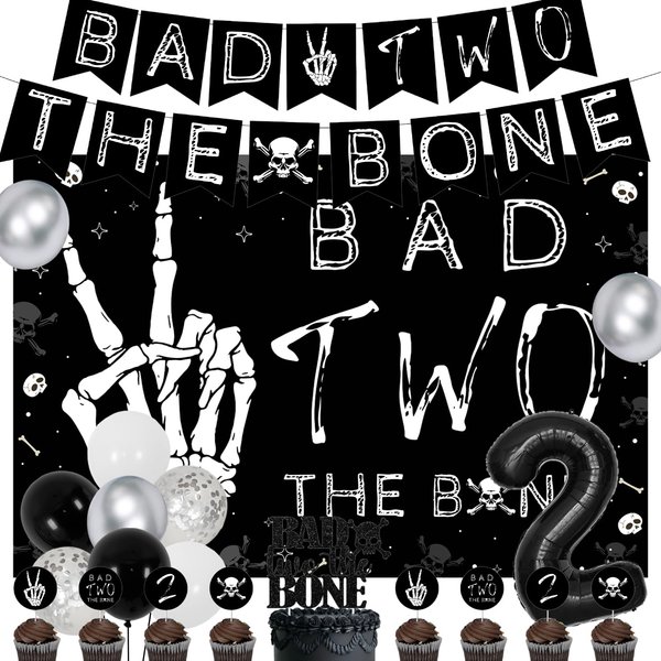 Bad Two the Bone Themed 2nd Birthday Party Decorations for Boys Black Bad Two The Bone Backdrop Banner, Skeleton Theme Birthday Decorations for Boys Girls Music Rock and Roll Birthday Party Supplies