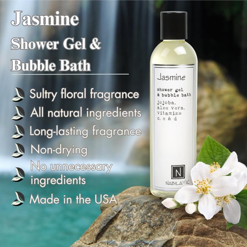 Nabila K Shower Gel & Bubble Bath - Body Wash for Men & Women - Non-Drying Formula with Jojoba, Aloe Vera, And Vitamins C, E & D - Naturally-Derived Ingredients - Jasmine - 9 oz