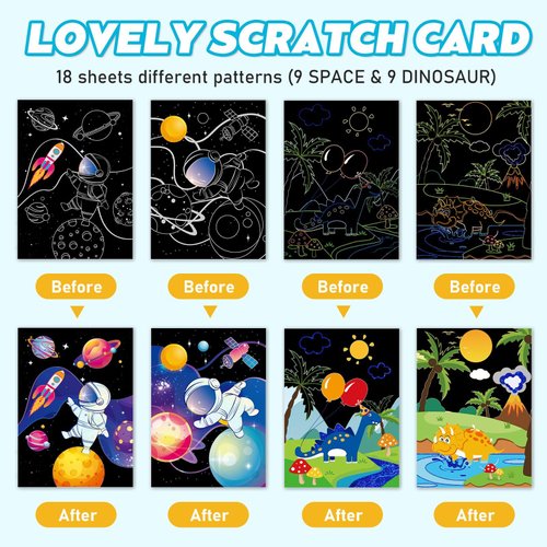 WERNNSAI Scratch Art Kit for Kids - 30 Pcs Magic Scratch Off Paper for Boys Dinosaur Space Theme Art Supplies Colorful Drawing Art Craft with Wooden Stylus Kids Party Christmas Gift