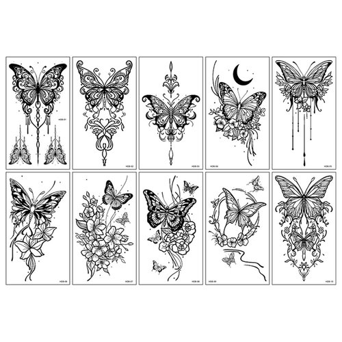 Generic 10 Sheets Temporary Tattoo Stickers, Waterproof Black Butterfly Pattern Tattoos Body Art Henna Sticker for Women Girls DIY Body Face Arms Legs (Model B)