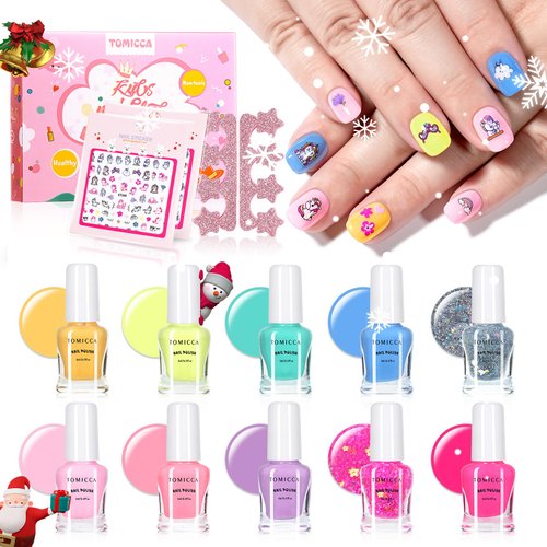 TOMICCA Kids Nail Polish Set, Non Toxic Quick Dry Water-Based Peel-Off 10 Colors Toddler Nail Polish Kit Natural Safe Quick Diy Nail Polish Gifts Kit for Girls Ages 5+