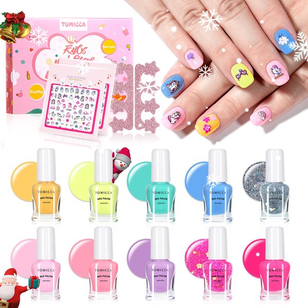 TOMICCA Kids Nail Polish Set, Non Toxic Quick Dry Water-Based Peel-Off 10 Colors Toddler Nail Polish Kit Natural Safe Quick Diy Nail Polish Gifts Kit for Girls Ages 5+