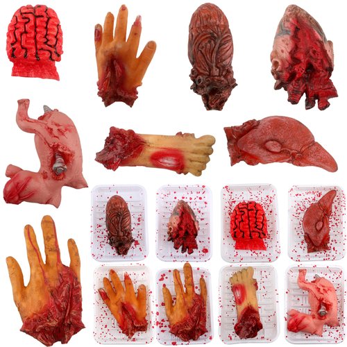 SGBETTER 8 Pack Halloween Body Parts Broken Organs Fake Severed Hand Foot Heart Brain Screw Liver Dinner Plate for Halloween Prank Props Party Decor