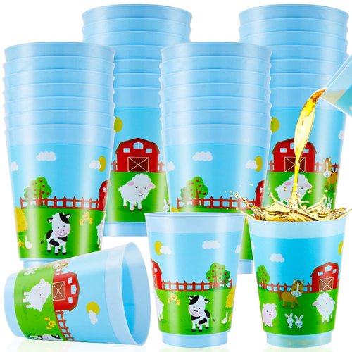Tessco 24 Pieces Farm Animal Cup for Kids Farm Animals Plastic Cups Blue Animal Drinking Cups 16 oz Plastic Reusable Kids Race Cups for Farm Birthday Party Decorations Supplies