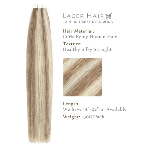 Lacer Hair 14 Inch Tape in Hair Extensions Blonde Highlights #6 Medium Brown Highlighted #60A Platinum Blonde 20pcs 50g Double Sided Tape in Extensions Invisible Human Hair