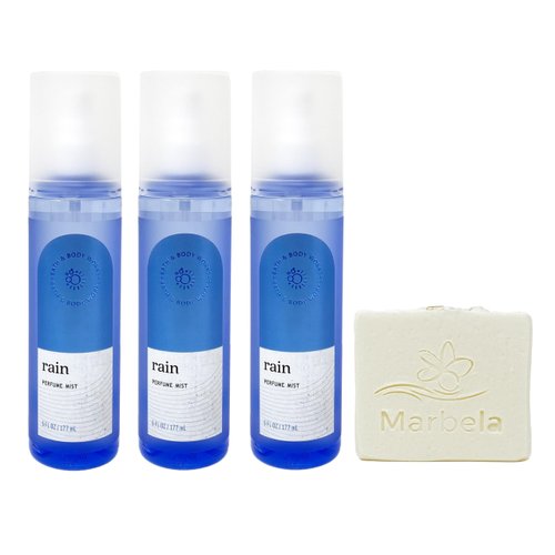 Bath & Body Works Rain 3 Pack Perfume Mist Bundle with a Natural Oats Bar Soap - Full Size