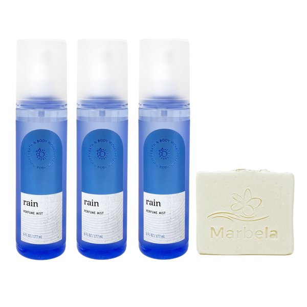 Bath & Body Works Rain 3 Pack Perfume Mist Bundle with a Natural Oats Bar Soap - Full Size