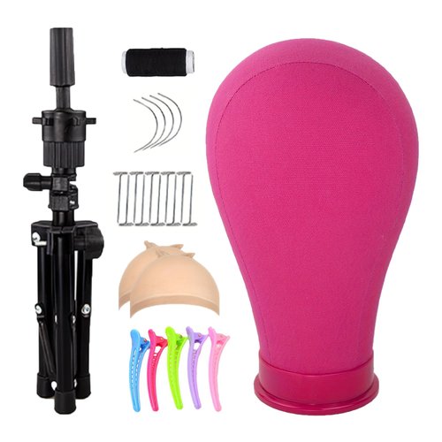 ZKSWT 23 Inch Canvas Wig Head Set, Styling Mannequin Head with Mount Hole for Wig Making, Styling and Display,with Stand Tripod, Styling Hair Clips, T Needle, C Needles, Thread, Wig Caps (Rose Red)